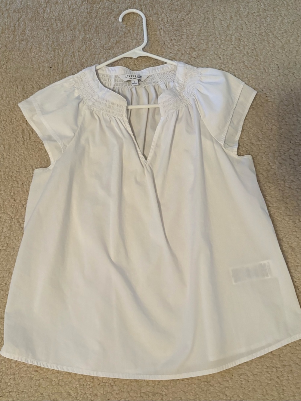 Liverpool White Smocked V-Neck Cap Sleeve Blouse